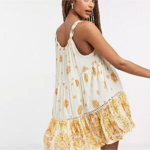 Free People Talk To Me Trapeze Dress White & Yellow Oversized Size Small